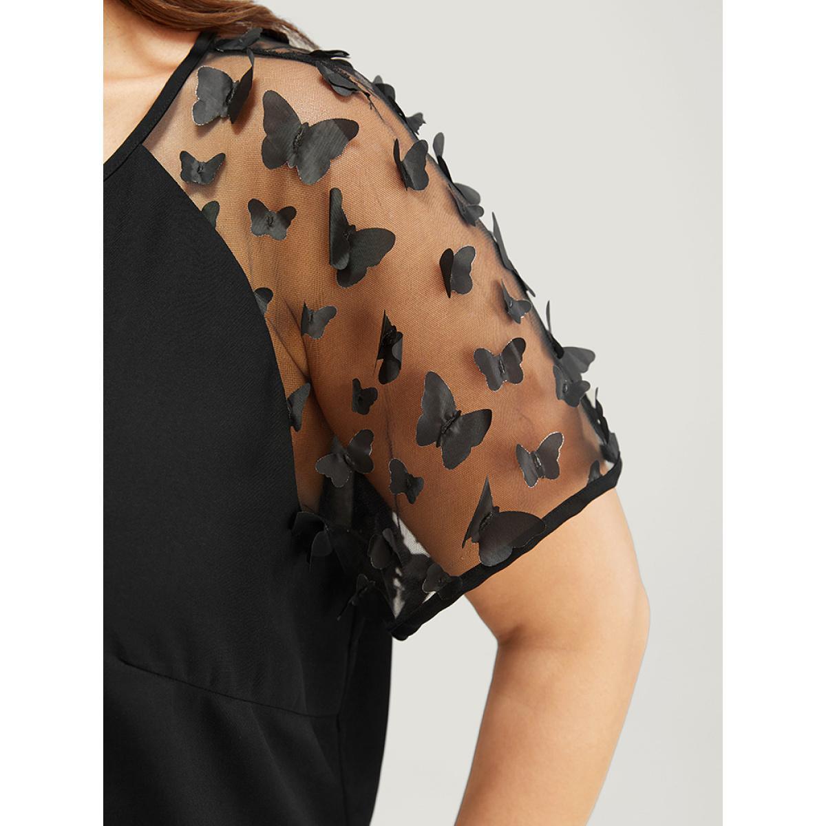 Plus Size Black Plain Butterfly Appliques Mesh Raglan Sleeve Blouse Women Party Short sleeve Round Neck Dailywear Blouses BloomChic 30/6X Product Image