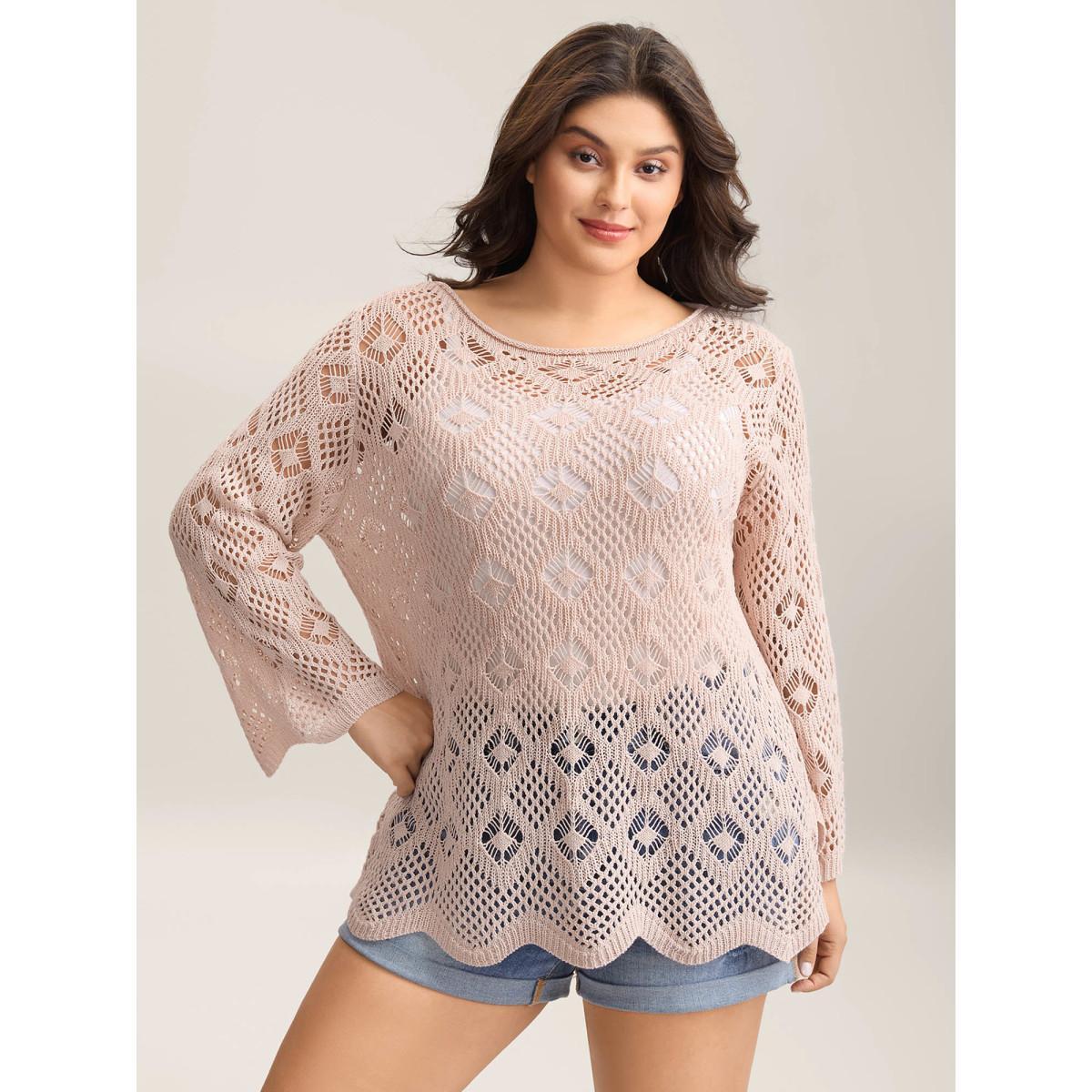 Plus Size Cut Out Textured Feel Pullover MistyRose Women Casual Loose Long Sleeve Round Neck Everyday Pullovers BloomChic 28/5X Product Image