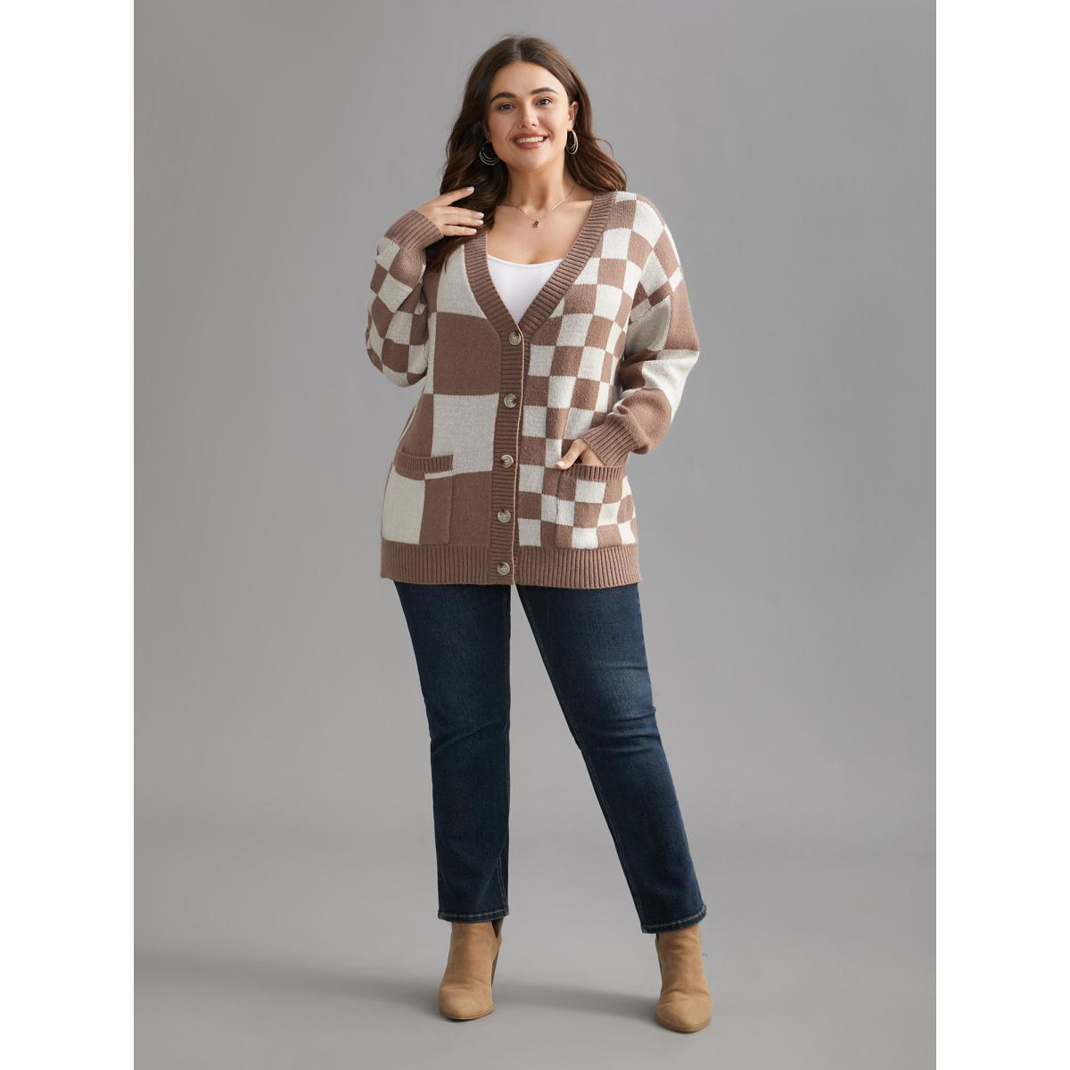 Plus Size Checkered V-Neck Button Front Knit Cardigan LightBrown Women Casual Loose Long Sleeve Everyday Cardigans BloomChic 28/5X Product Image