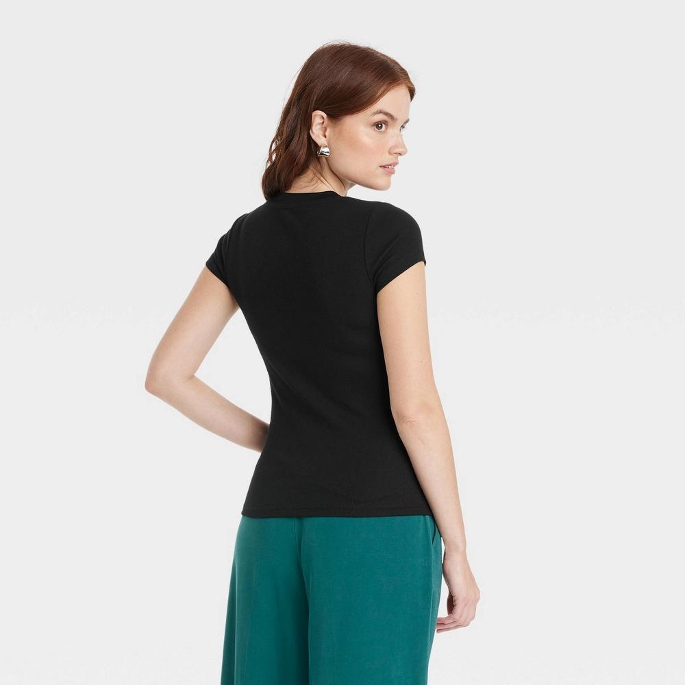 Women's Slim Fit Short Sleeve Ribbed T-Shirt - A New Day™ Black 2X: Cotton Modal Blend, Crew Neck, Pullover Style Product Image
