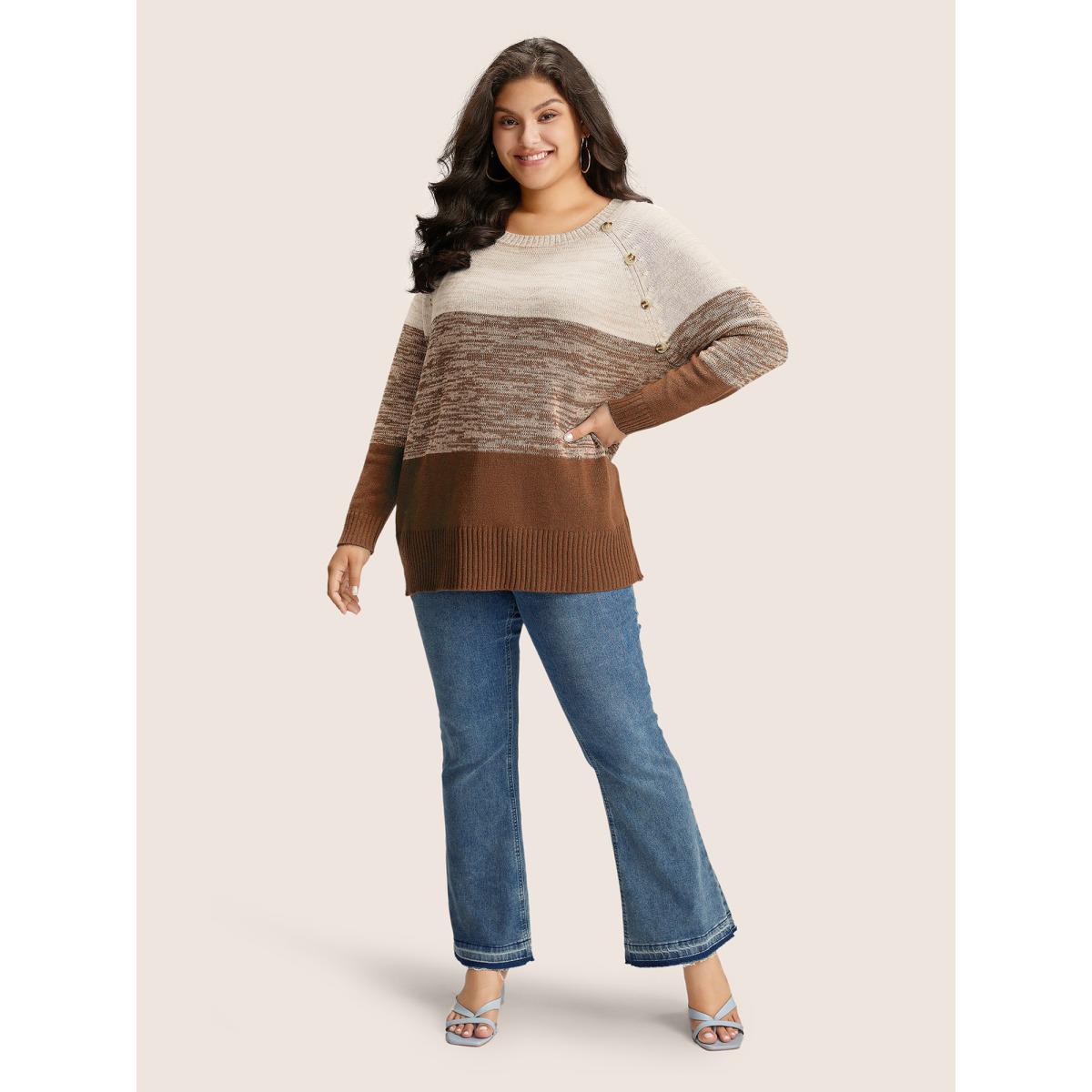 Plus Size Colorblock Contrast Heather Button Detail Pullover DarkBrown Women Casual Long Sleeve Round Neck Everyday Pullovers BloomChic 10/M Product Image