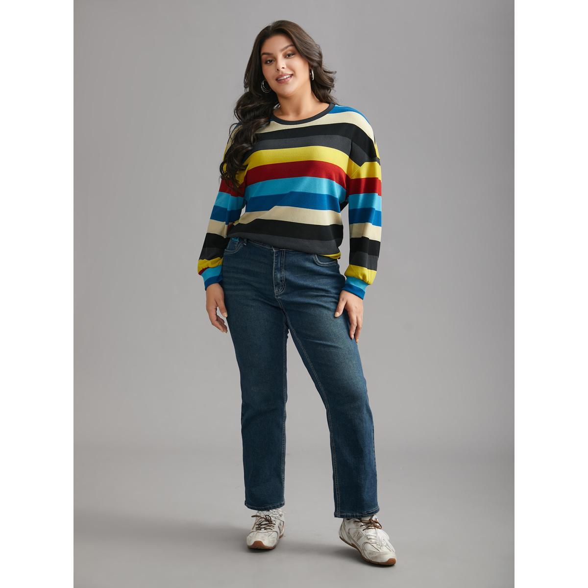 Plus Size Multi-Color Striped Stretchy Crew Neck T-shirt Multicolor Women Casual Contrast Round Neck Loose Everyday T-shirts BloomChic 26/4X Product Image