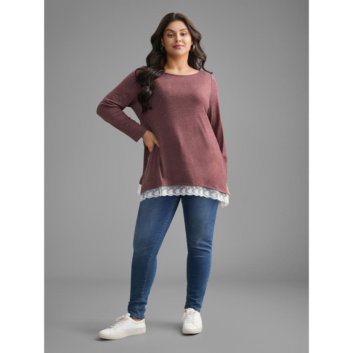 Plus Size Boat Neck Contrast Lace Panel T-shirt Deepred Women Casual Contrast Boat Neck Loose Everyday T-shirts BloomChic 14-16/1X Product Image