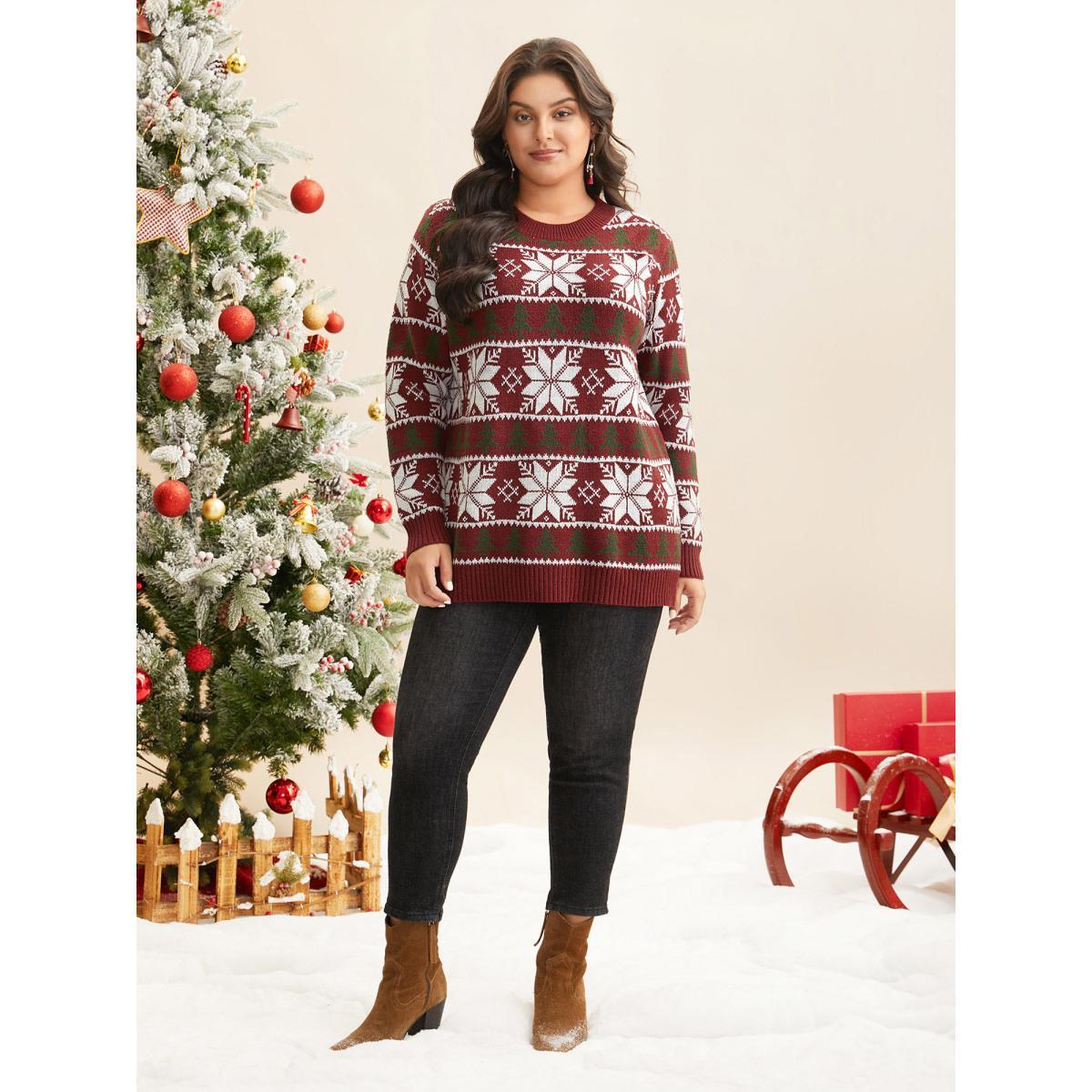 Plus Size Supersoft Essentials Snowflakes Pattern Ribbed Pullover Scarlet Women Casual Loose Long Sleeve Round Neck Everyday Pullovers BloomChic 12/L Product Image