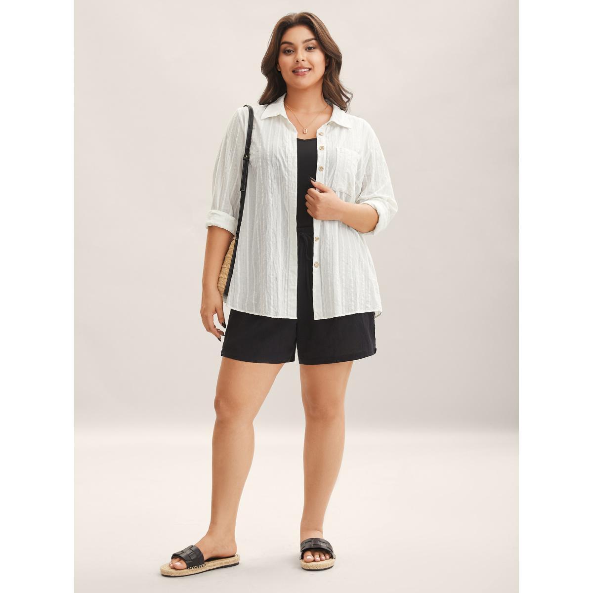 Plus Size Originalwhite Pure Cotton Sheer Pocket Blouse Women Long Sleeve Shirt collar Vacation Blouses BloomChic 12/L Product Image