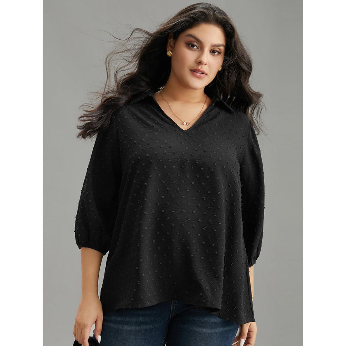 Plus Size Black Plisse Polka Dot Elastic Cuffs Blouse Women Office Elbow-length sleeve Shirt collar Work Blouses BloomChic 18-20/2X Product Image