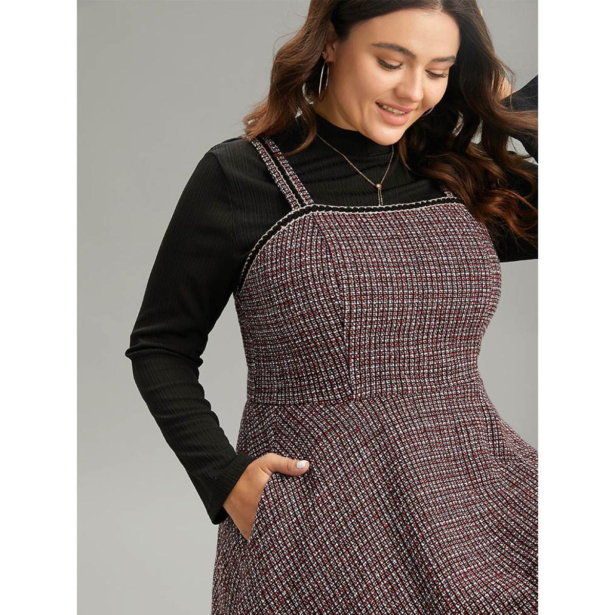 Plus Size Tweed Pocket Contrast Trim Adjustable Straps Dress Raspberry Women Casual Adjustable Straps Spaghetti Strap Sleeveless Curvy Midi Dress BloomChic 18-20/2X Product Image