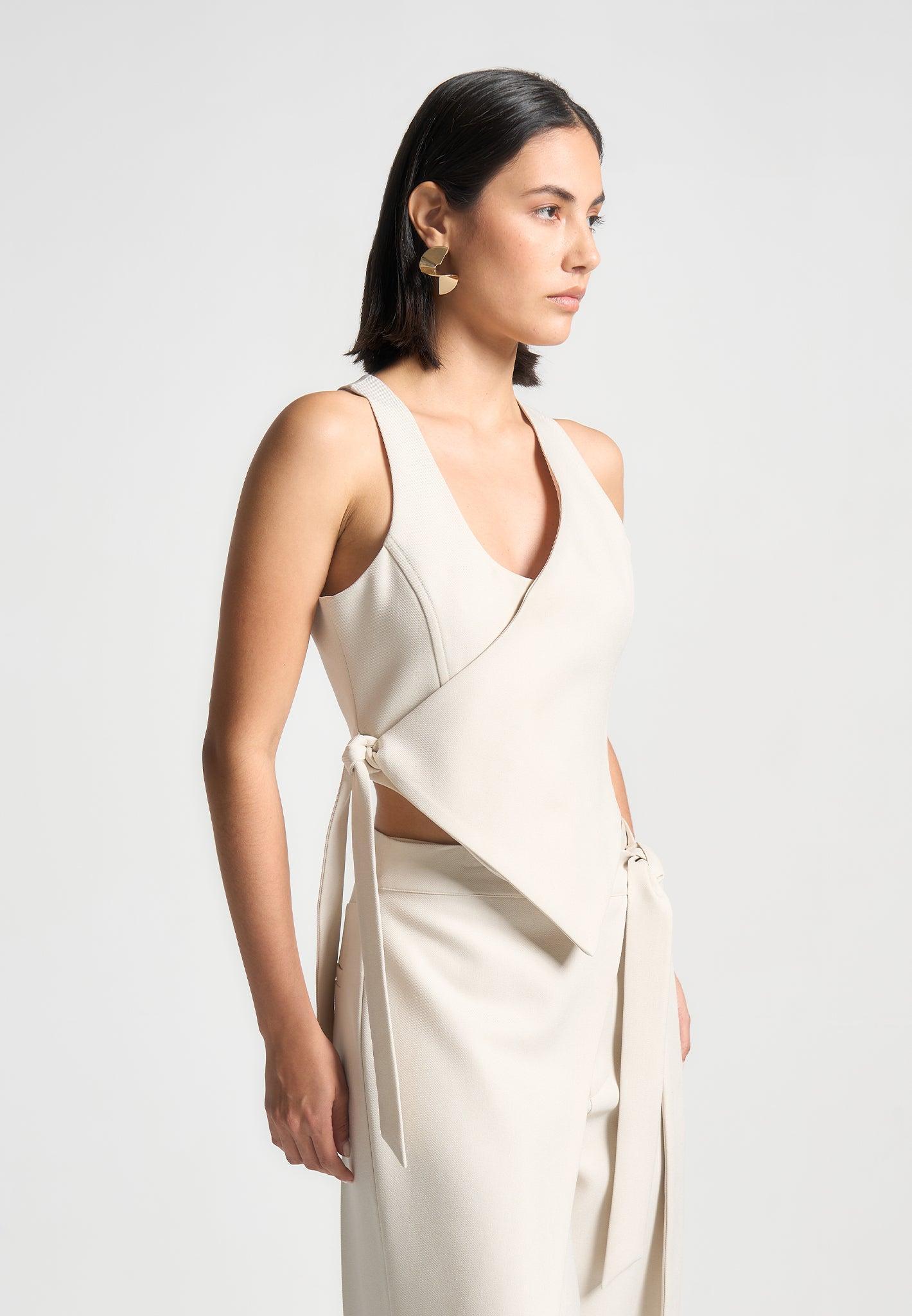 Asymmetric Tailored Waistcoat with Tie - Light Beige Female Product Image
