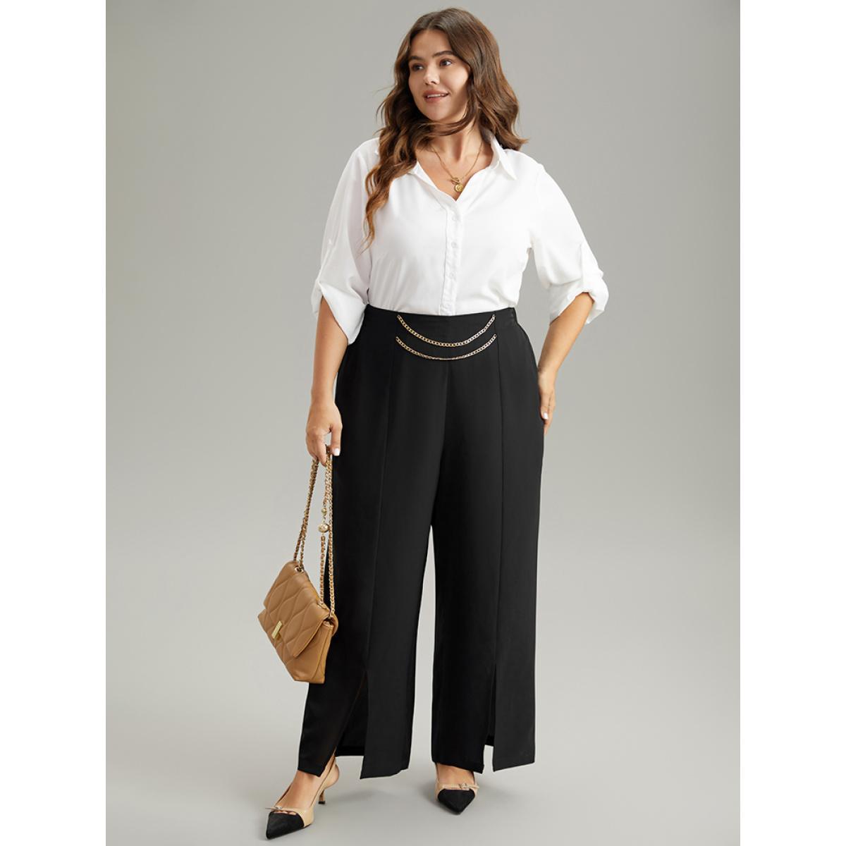 Plus Size Static-Free Metal Chain Detail Split Hem Pants Women Black At the Office Straight Leg High Rise Work Pants BloomChic 10/M Product Image