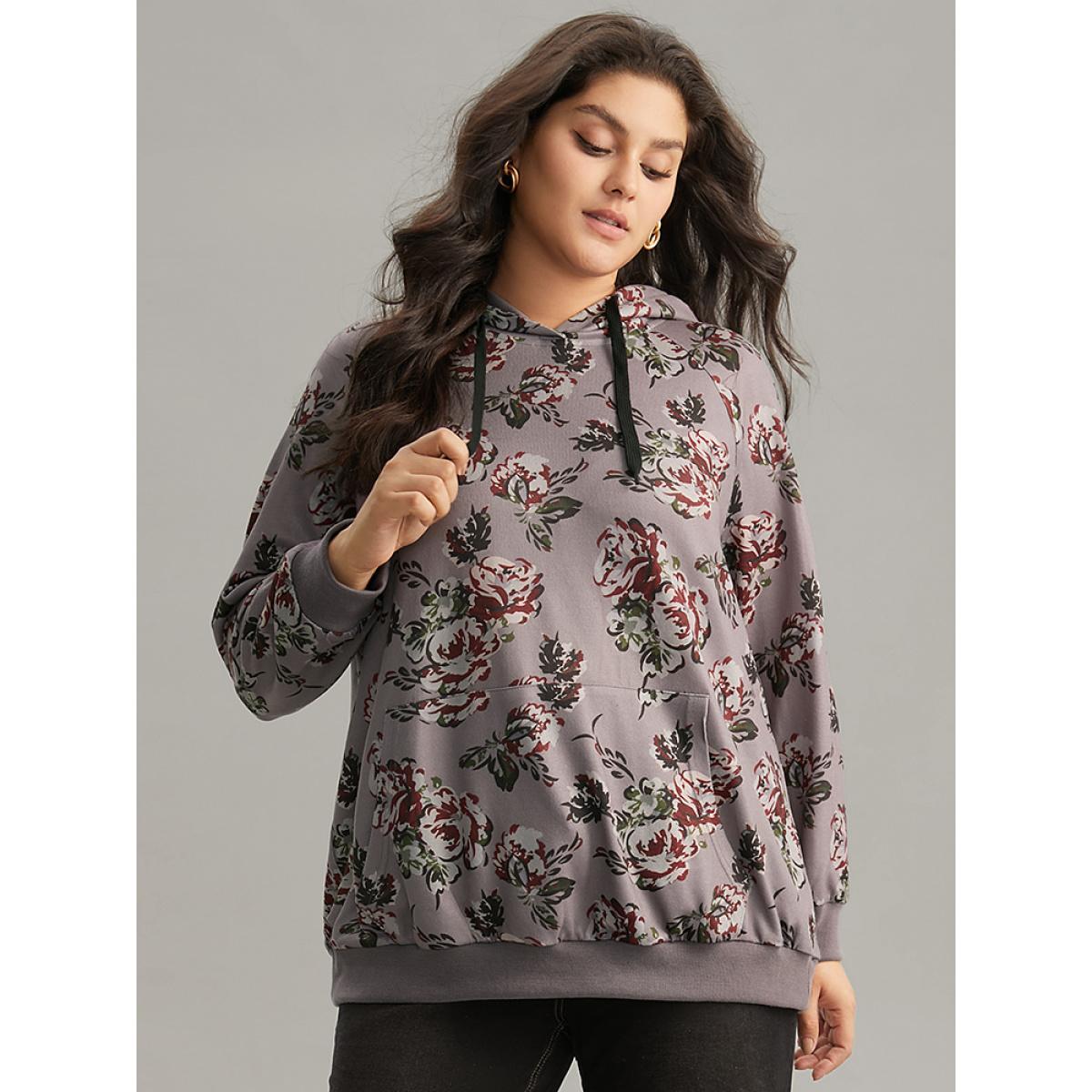 Plus Size Floral Drawstring Hooded Kangaroo Pocket Sweatshirt Women Gray Elegant Printed Hooded Dailywear Sweatshirts BloomChic 12/L Product Image