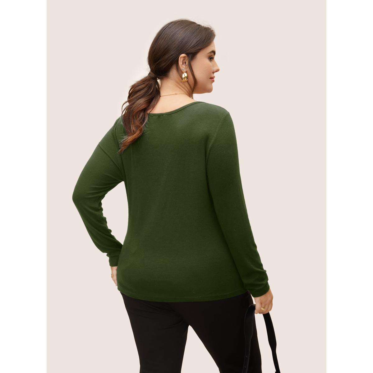 Plus Size V-notch Solid Knit T-shirt ArmyGreen Women At the Office Texture Flat collar with V-notch Skinny Work T-shirts BloomChic 28/5X Product Image