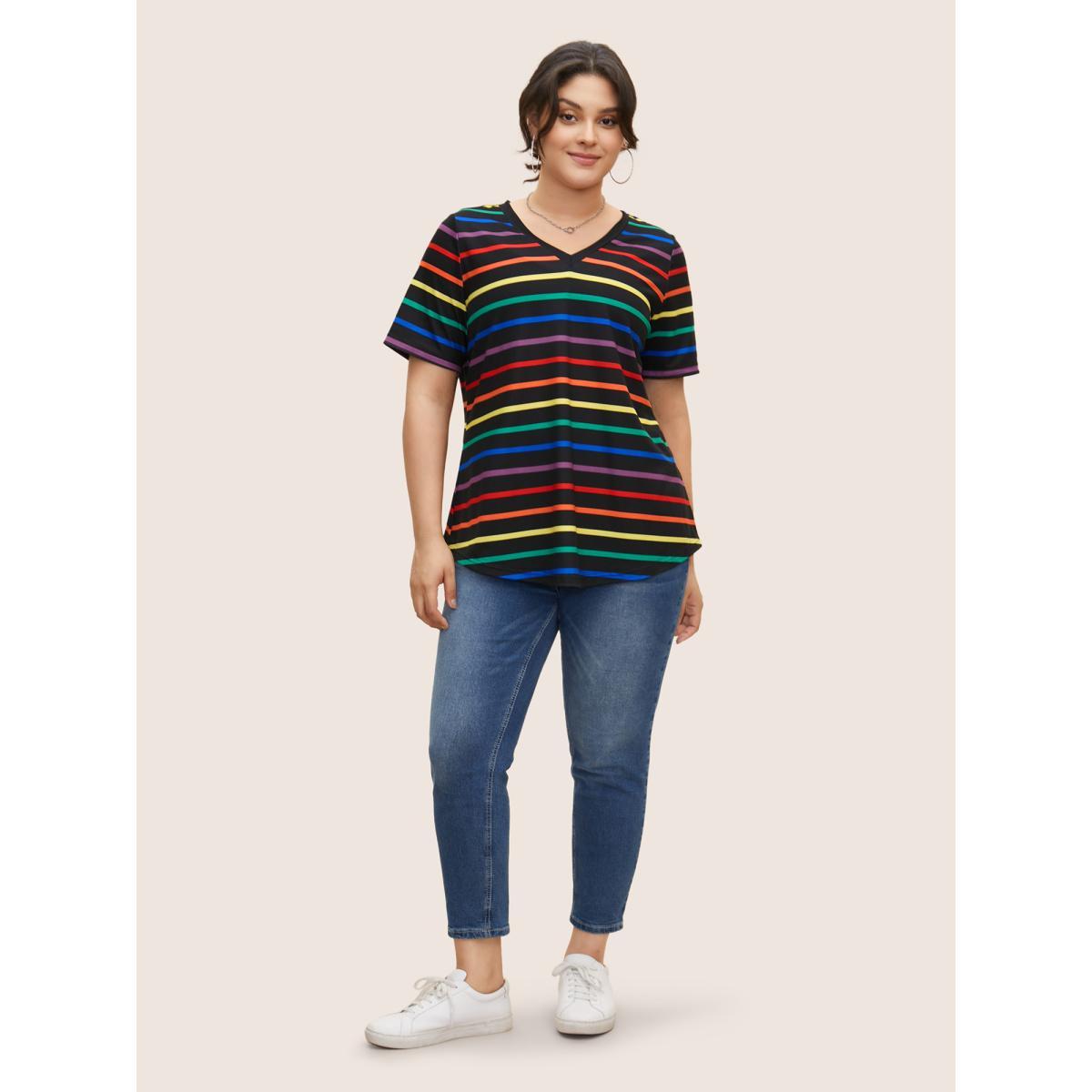 Plus Size V Neck Contrast Striped Stretched T-shirt Multicolor Women Casual Contrast V-neck Everyday T-shirts BloomChic 10/M Product Image