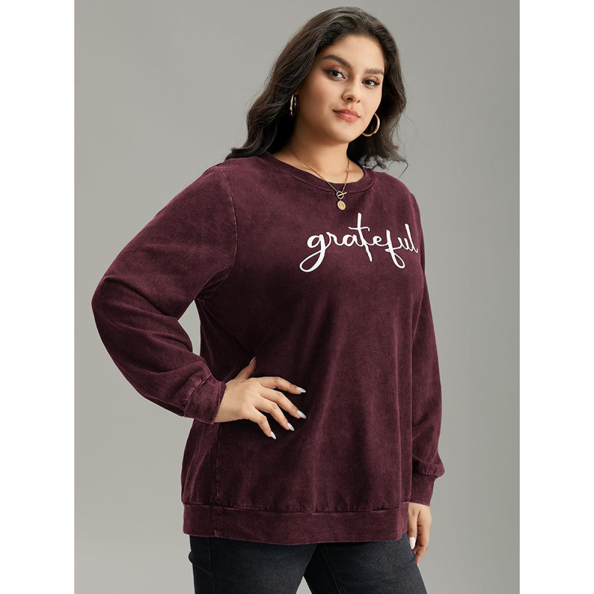 Plus Size Solid Letter Print Crew Neck Sweatshirt Women Burgundy Casual Printed Dailywear Sweatshirts BloomChic 10/M Product Image