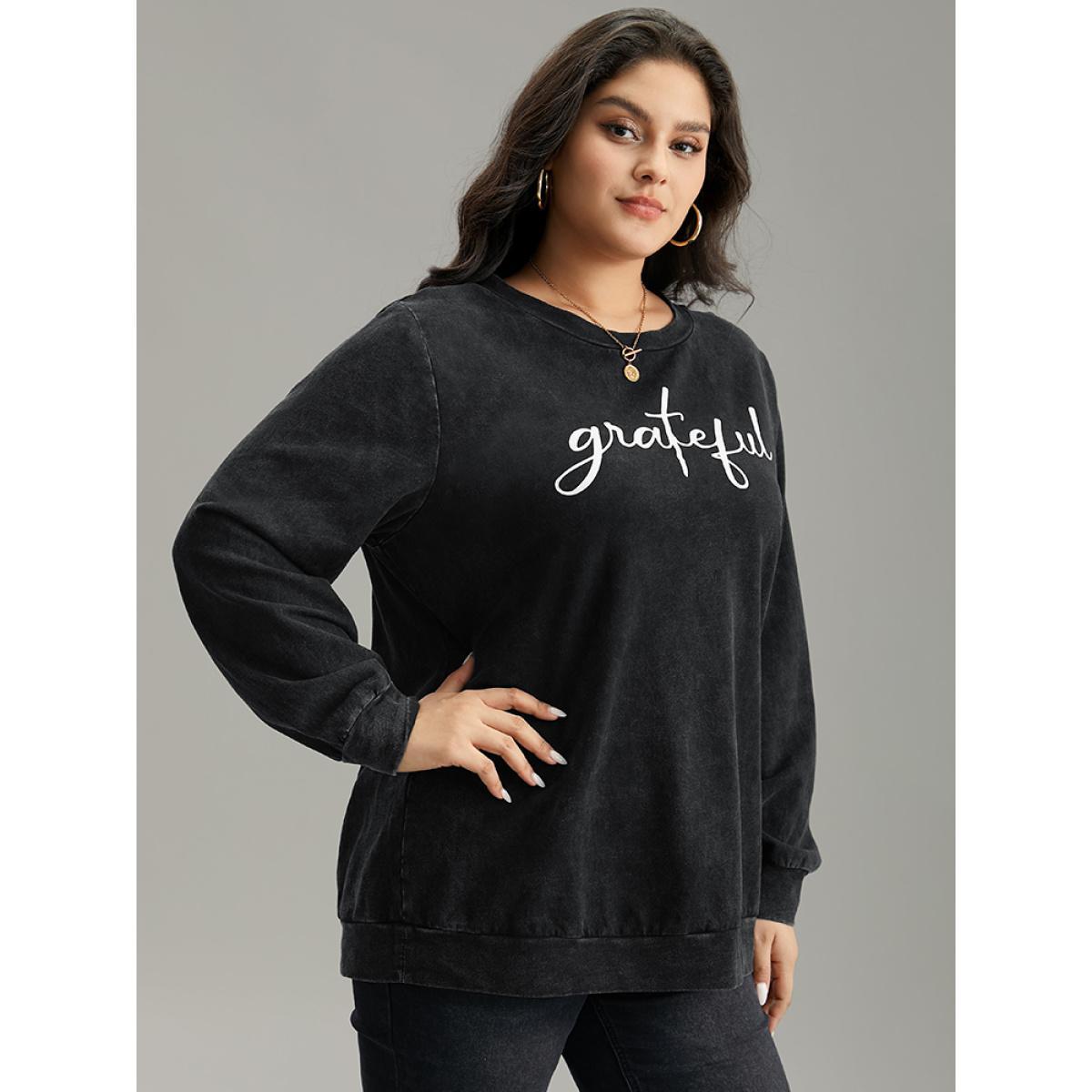 Plus Size Solid Letter Print Crew Neck Sweatshirt Women Black Casual Printed Dailywear Sweatshirts BloomChic 26/4X Product Image