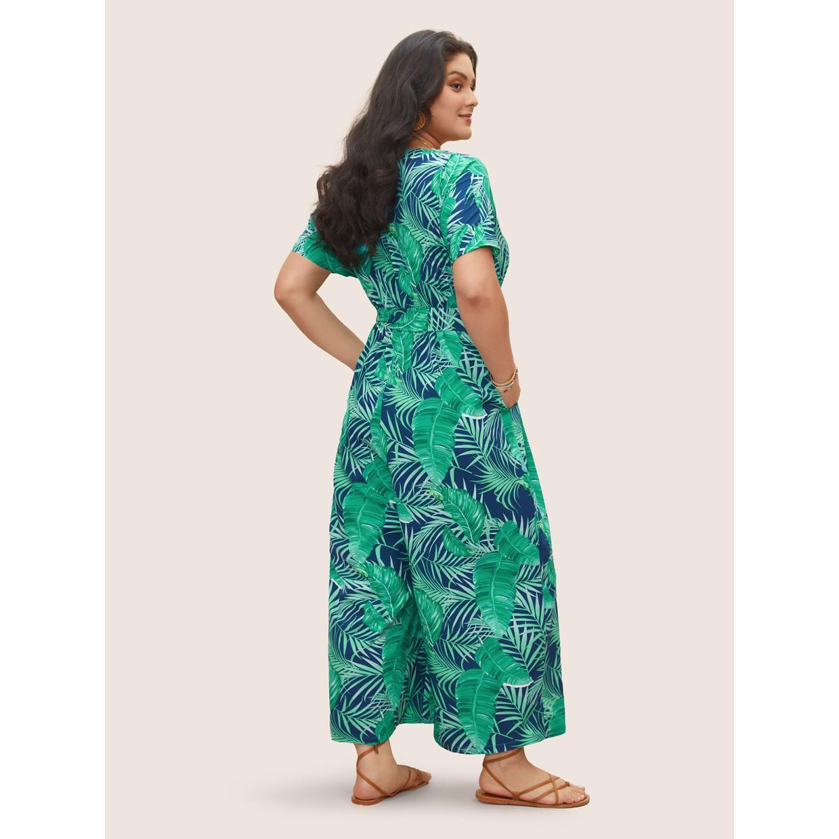 Plus Size Indigo Tropical Print Button Up Belted Jumpsuit Women Resort Short sleeve V-neck Vacation Loose Jumpsuits BloomChic 18-20/2X Product Image