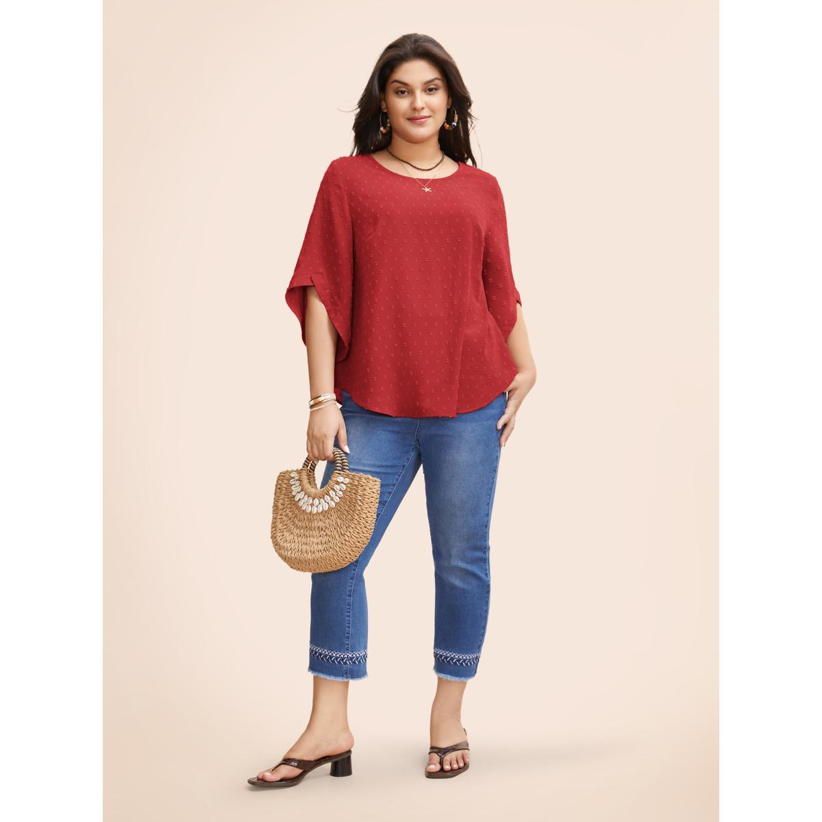 Plus Size Crimson Textured Round Neck Bell Sleeve Blouse Women Elegant Elbow-length sleeve Round Neck Everyday Blouses BloomChic 14-16/1X Product Image