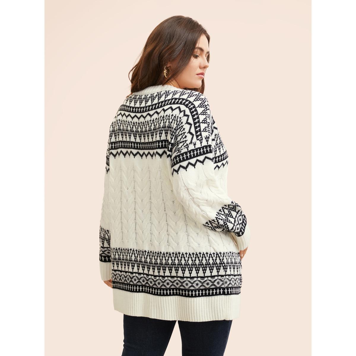 Plus Size Bandana Jacquard Cable Knit Pocket Cardigan Ivory Women Casual Loose Long Sleeve Everyday Cardigans BloomChic 10/M Product Image