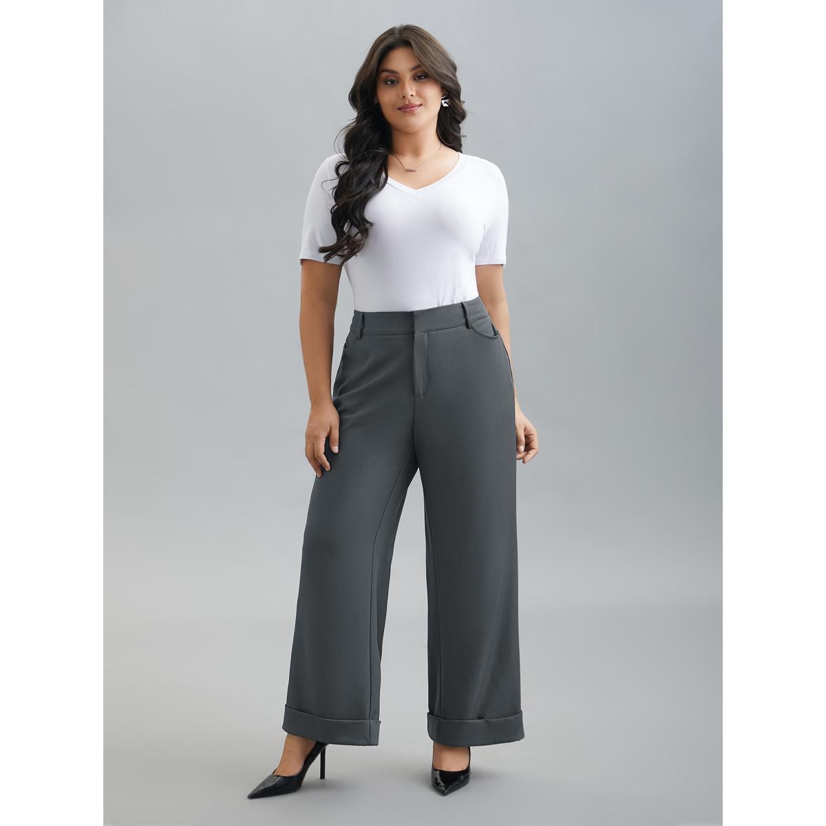 Plus Size Stretchy-Waist Roll Hem Pants Women DimGray Workwear Essentials Bootcut Mid Rise Work Pants BloomChic 26/4X Product Image