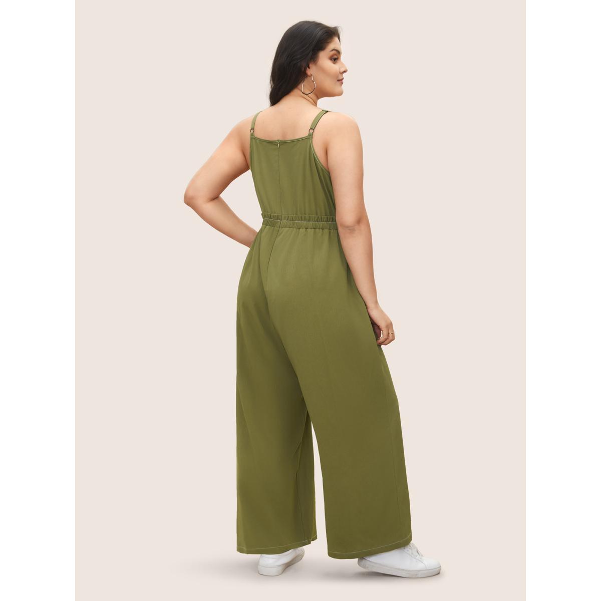 Plus Size ArmyGreen Plain Tucked Seam Frill Trim Jumpsuit Women Casual Sleeveless Non Everyday Loose Jumpsuits BloomChic 10/M Product Image