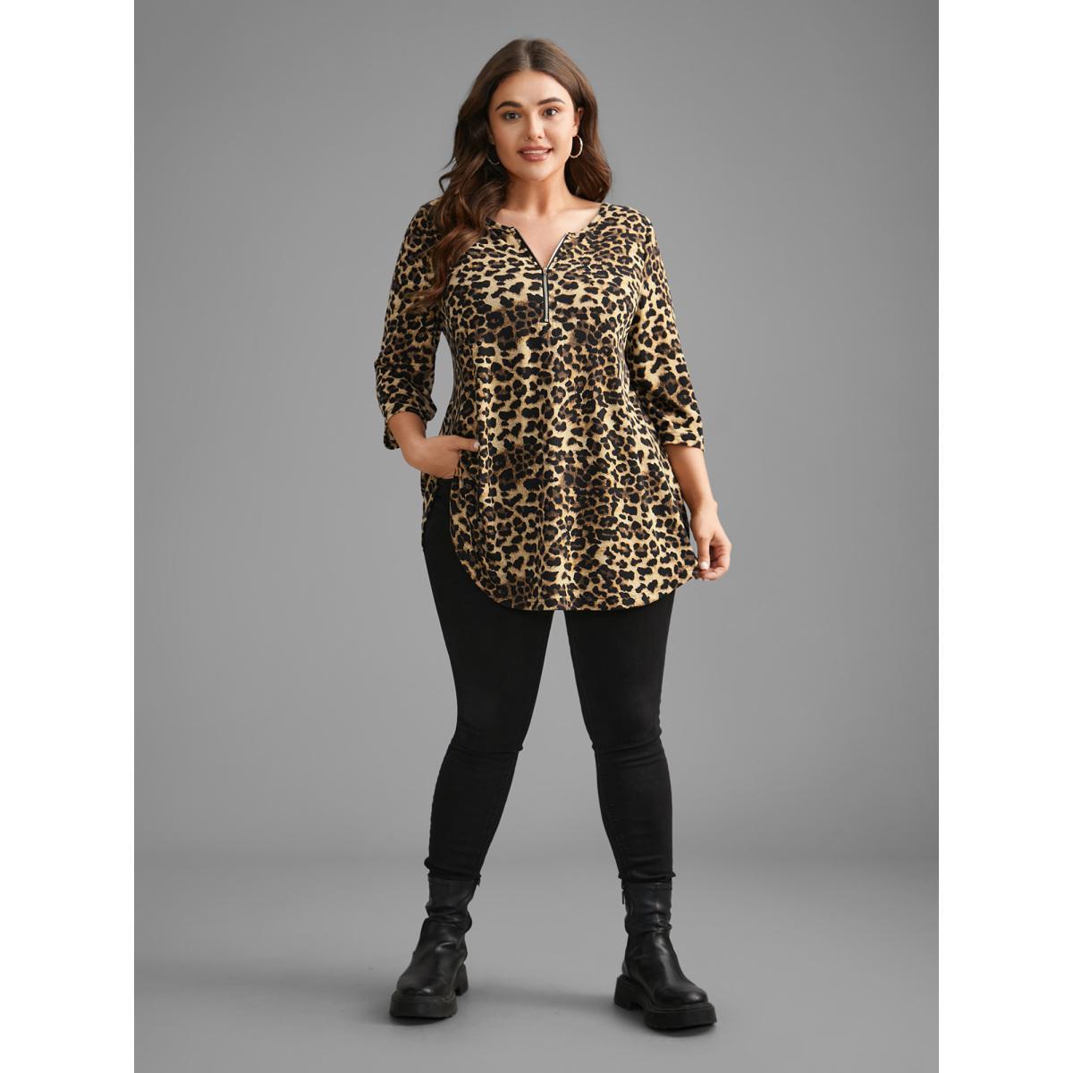 Plus Size Leopard Print Half Zipper Arc Hem T-shirt Leopard Women Casual Non Round Neck Loose Everyday T-shirts BloomChic 12/L Product Image