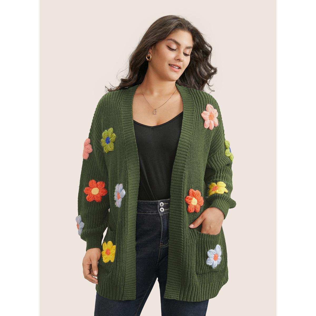 Plus Size Rainbow Floral Pocket Open Front Cardigan ArmyGreen Women Casual Long Sleeve Everyday Cardigans BloomChic 18-20/2X Product Image