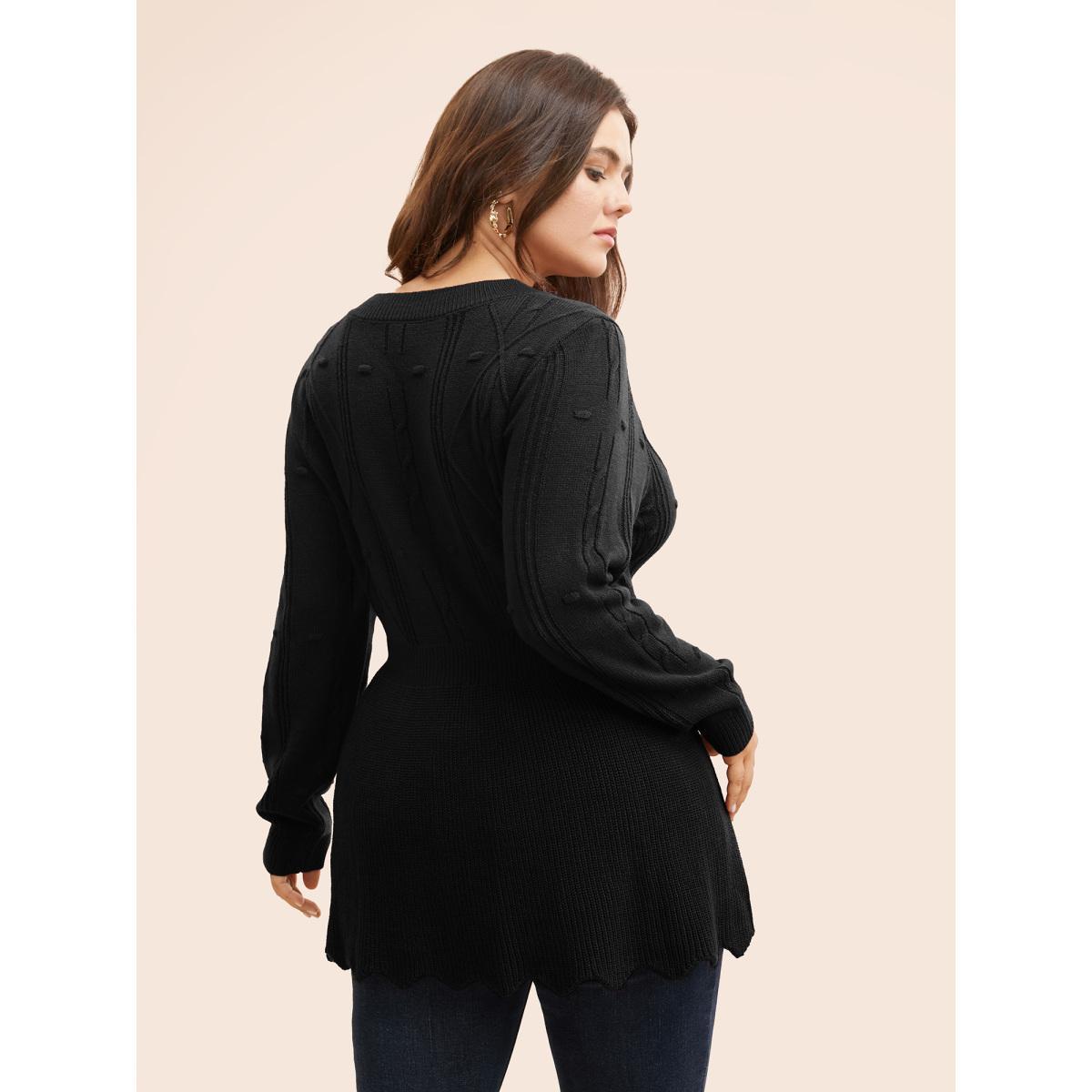 Plus Size Plain Textured Scalloped Trim Pullover Black Women Casual Bodycon Long Sleeve Round Neck Everyday Pullovers BloomChic 10/M Product Image