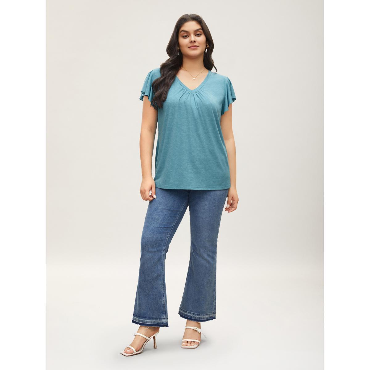 Plus Size Solid Heather Gathered Ruffle Sleeve T-shirt Cerulean Women Elegant Non V-neck Everyday T-shirts BloomChic 14-16/1X Product Image