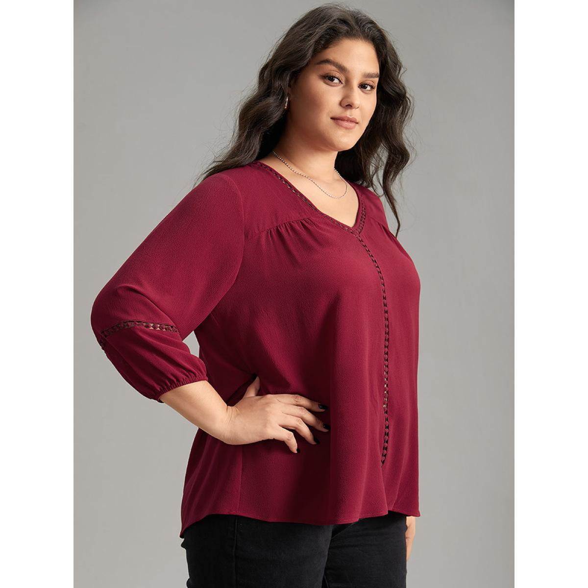 Plus Size Scarlet Plain Lace Patchwork Gathered Lantern Sleeve Blouse Women Elegant Elbow-length sleeve V-neck Dailywear Blouses BloomChic 18-20/2X Product Image
