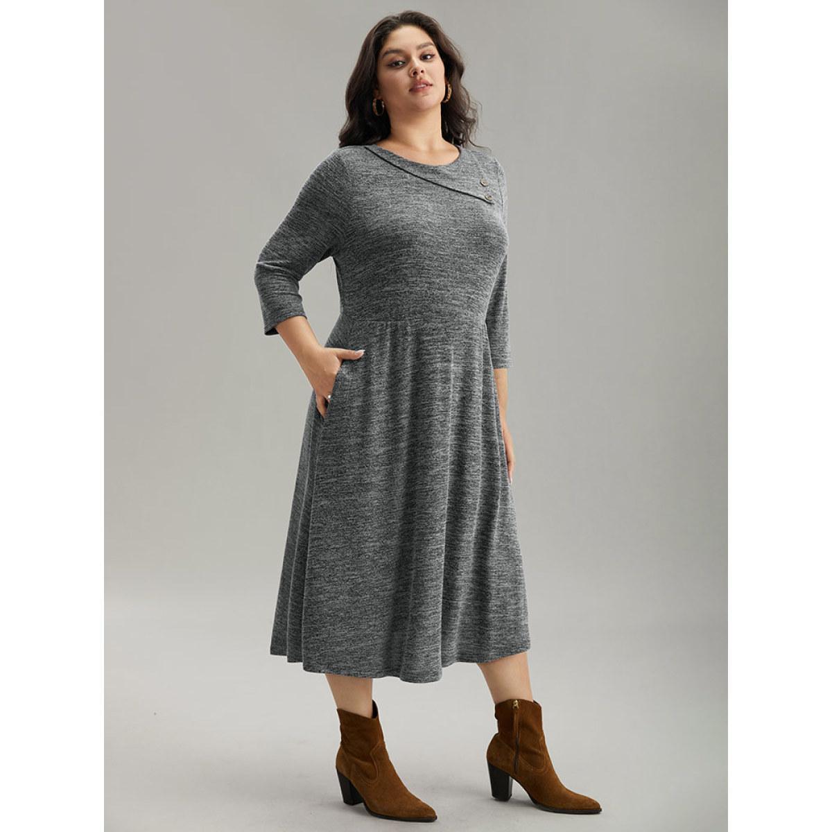 Plus Size Solid Heather Button Detail Pocket Gathered Dress Black Women Work From Home Plain Round Neck Elbow-length sleeve Curvy Midi Dress BloomChic 28/5X Product Image