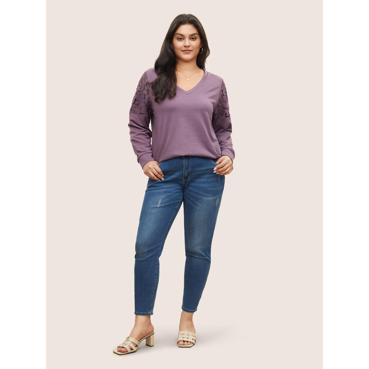 Plus Size Lace Patchwork Embroidered V Neck Sweatshirt Women Mauve Casual Cut-Out V-neck Everyday Sweatshirts BloomChic 18-20/2X Product Image