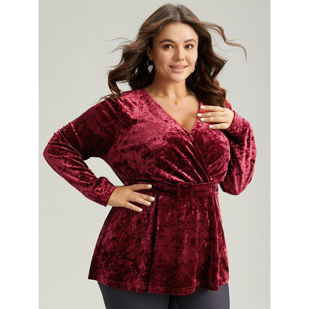 Plus Size Scarlet Velvet Overlap Collar Elastic Waist Buckle Detail Blouse Women Glamour Long Sleeve Overlap Collar Festival-Christmas Blouses BloomChic 30/6X Product Image