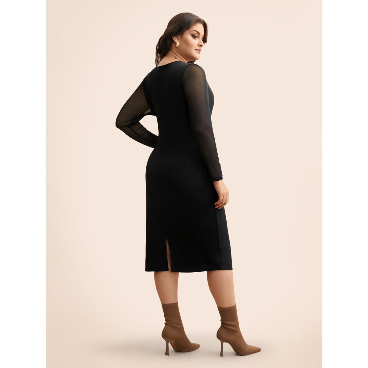 Plus Size Crew Neck Patchwork Mesh Split Hem Dress Black Women Elegant See through Round Neck Long Sleeve Curvy BloomChic 28/5X Product Image