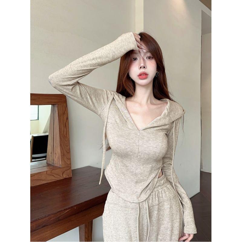 Long Sleeve Plain Hood Half Zip Top /  Drawstring Waist Wide Leg Pants Product Image
