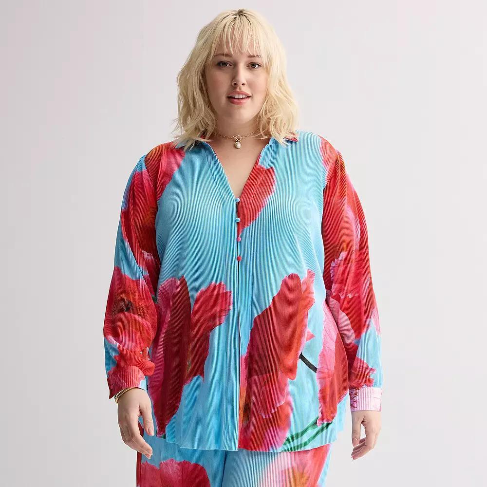 Plus Size INTEMPO™ Plisse Print Button Front Top, Women's, Size: 0X, Poppy Product Image