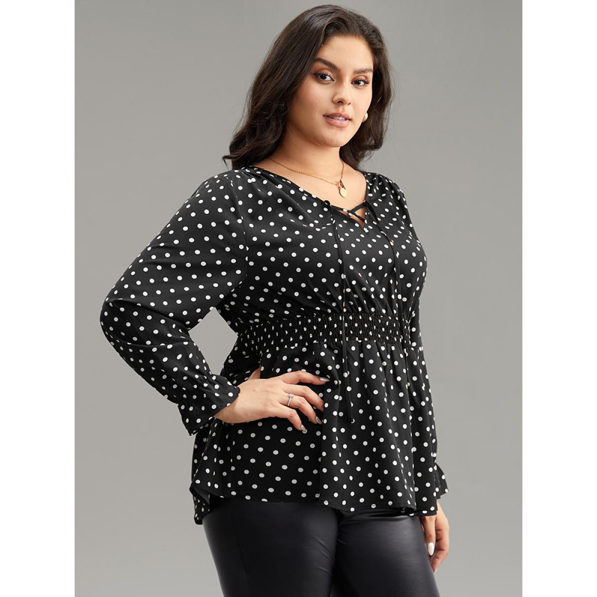 Plus Size Black Polka Dot Lace Up Shirred Flutters Blouse Women Office Long Sleeve V-neck Work Blouses BloomChic 26/4X Product Image