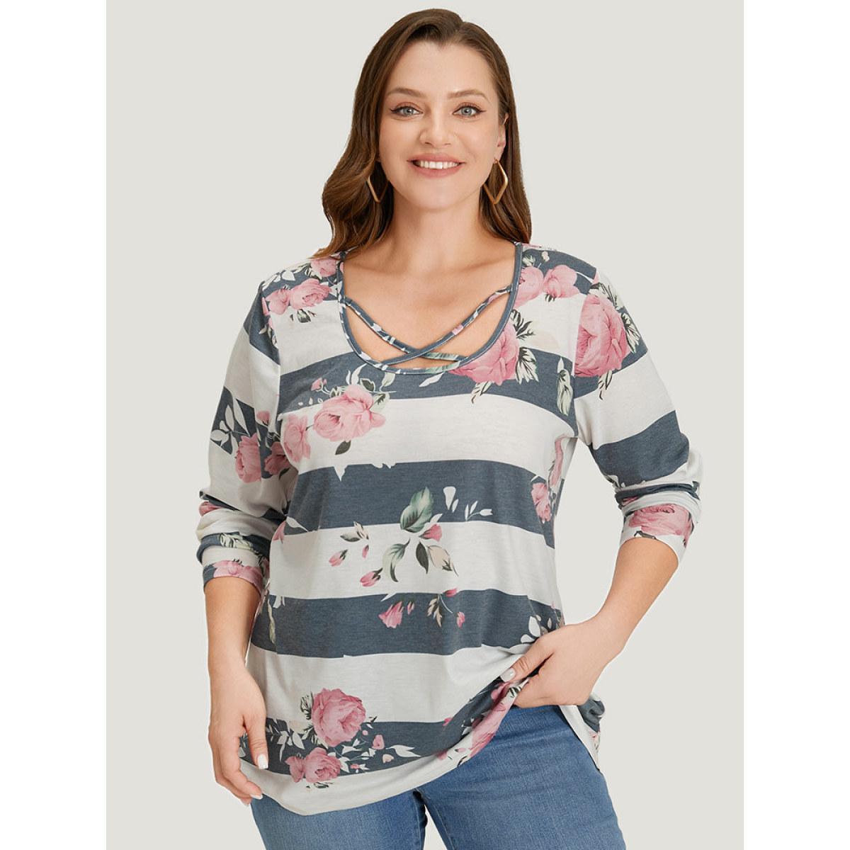 Plus Size Floral Striped Patchwork Crisscross T-shirt Indigo Women Casual Printed Striped Round Neck Dailywear T-shirts BloomChic 30/6X Product Image