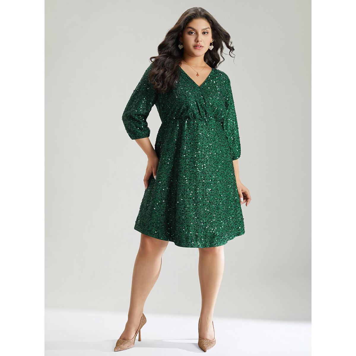 Plus Size Sequin Overlap Collar Elastic Waist Knee Dress DarkGreen Women Cocktail Wrap Overlap Collar Elbow-length sleeve Curvy Knee Dress BloomChic 28/5X Product Image