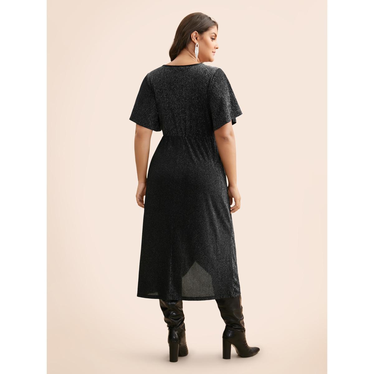 Plus Size Luxe Overlap Collar Ruffle Sleeve Dress Pureblack Women Cocktail Overlapping Party Curvy Bloomchic 30/6X Product Image
