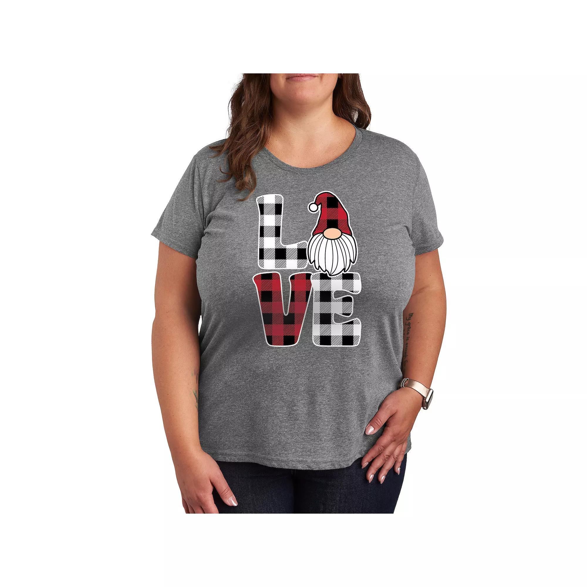 Plus Love Gnome Plaid Graphic Tee, Womens Grey Gray Product Image