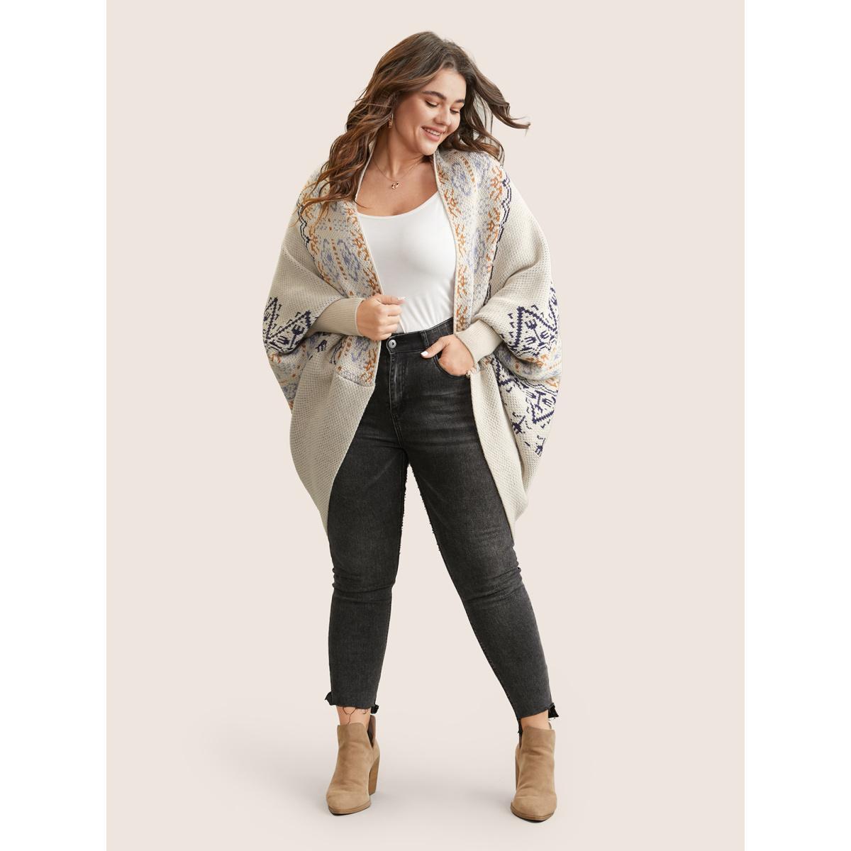 Plus Size Boho Print Dolman Sleeve Jacquard Cardigan Beige Women Casual Loose Long Sleeve Everyday Cardigans BloomChic 26/4X Product Image