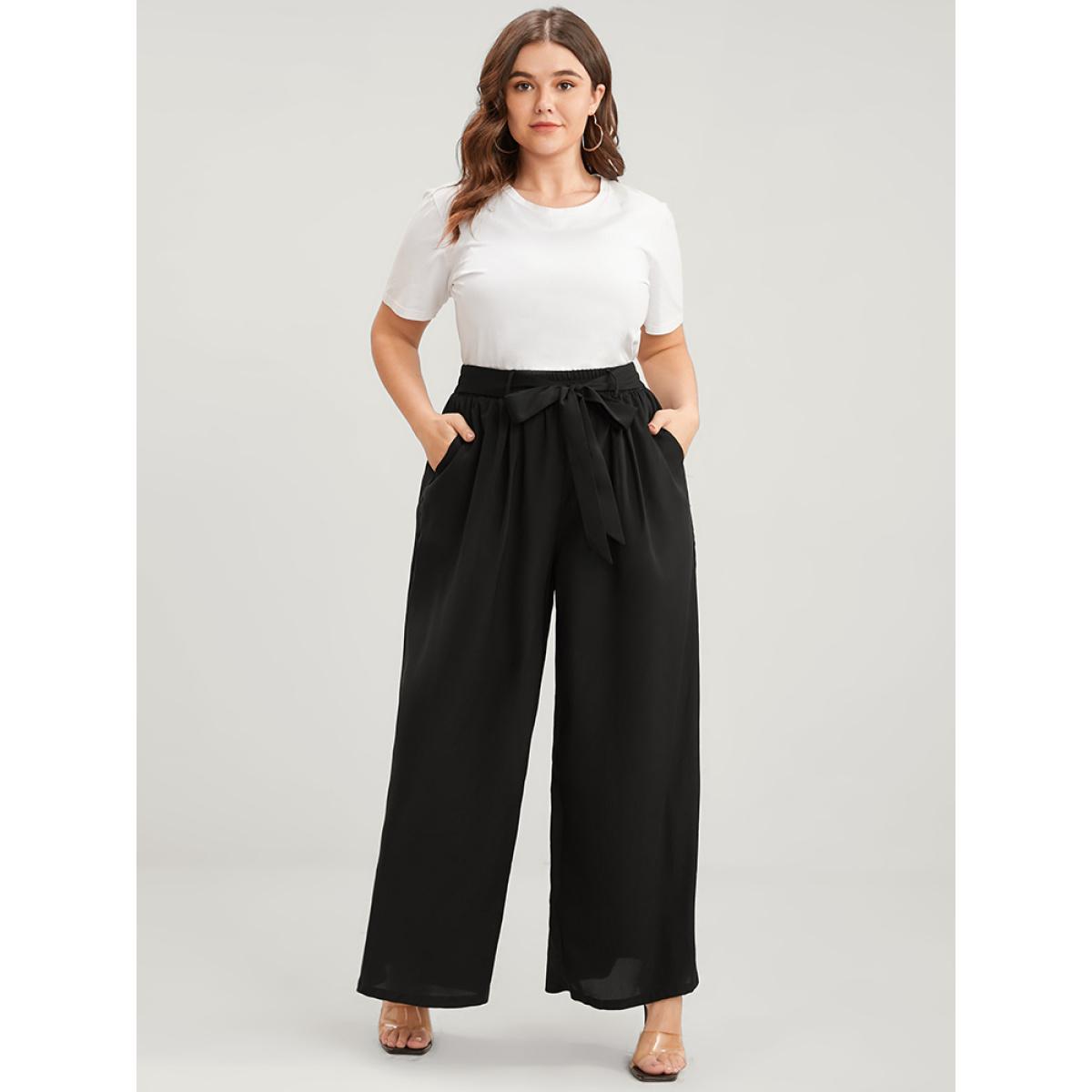 Plus Size Solid Elastic Waist Knotted Front Pocket Wide Leg Pants Women Black Casual Wide Leg High Rise Dailywear Pants BloomChic 30/6X Product Image