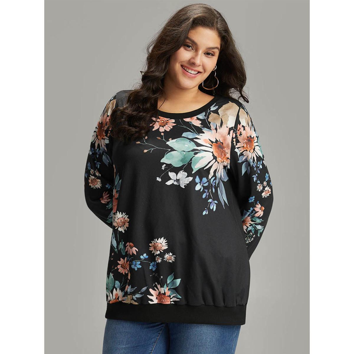 Plus Size Floral Print Round Neck Sweatshirt Women Black Casual Elastic cuffs Round Neck Dailywear Sweatshirts BloomChic 28/5X Product Image