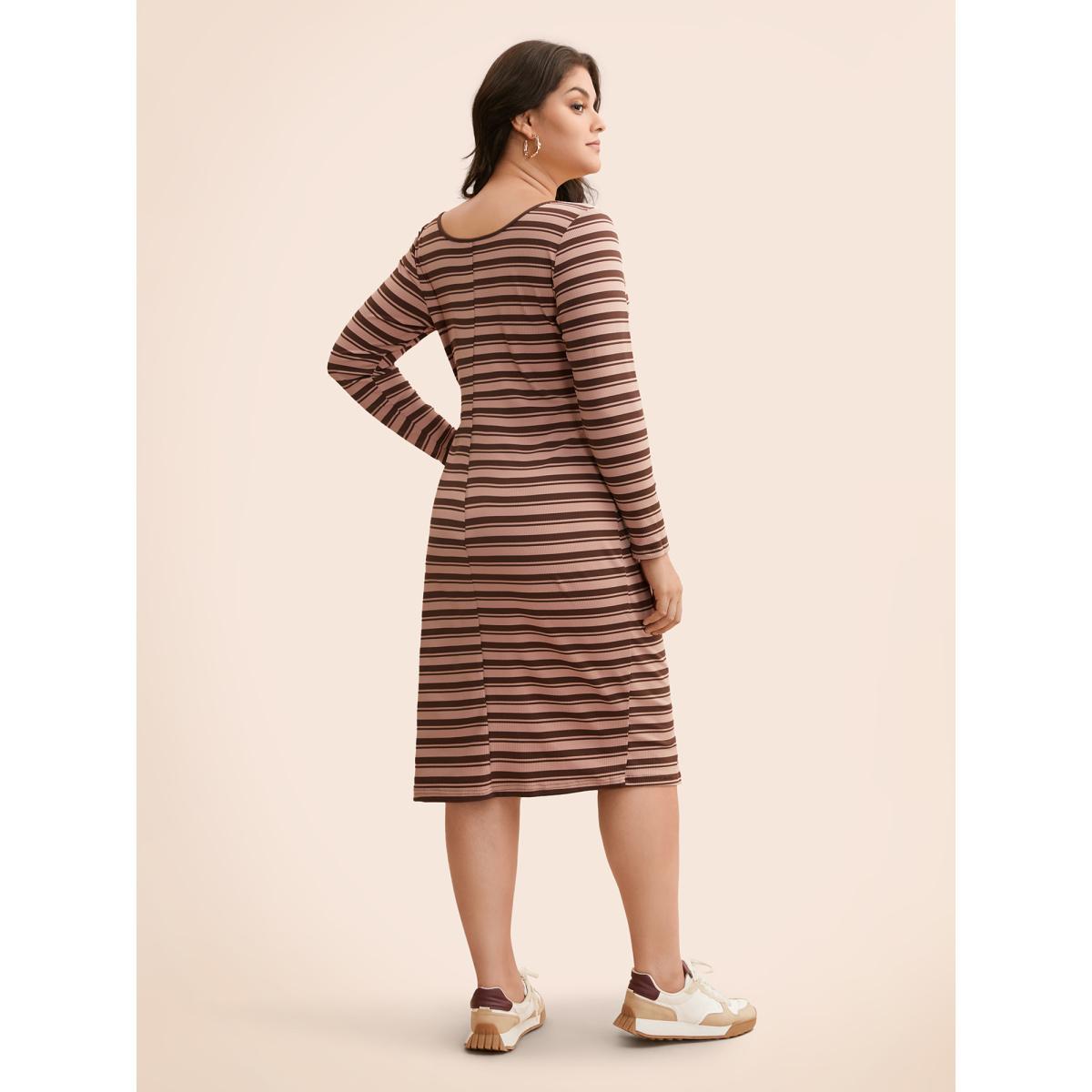 Plus Size U Neck Striped Pit Strip Dress DustyPink Women Casual Texture U-neck Long Sleeve Curvy BloomChic 28/5X Product Image