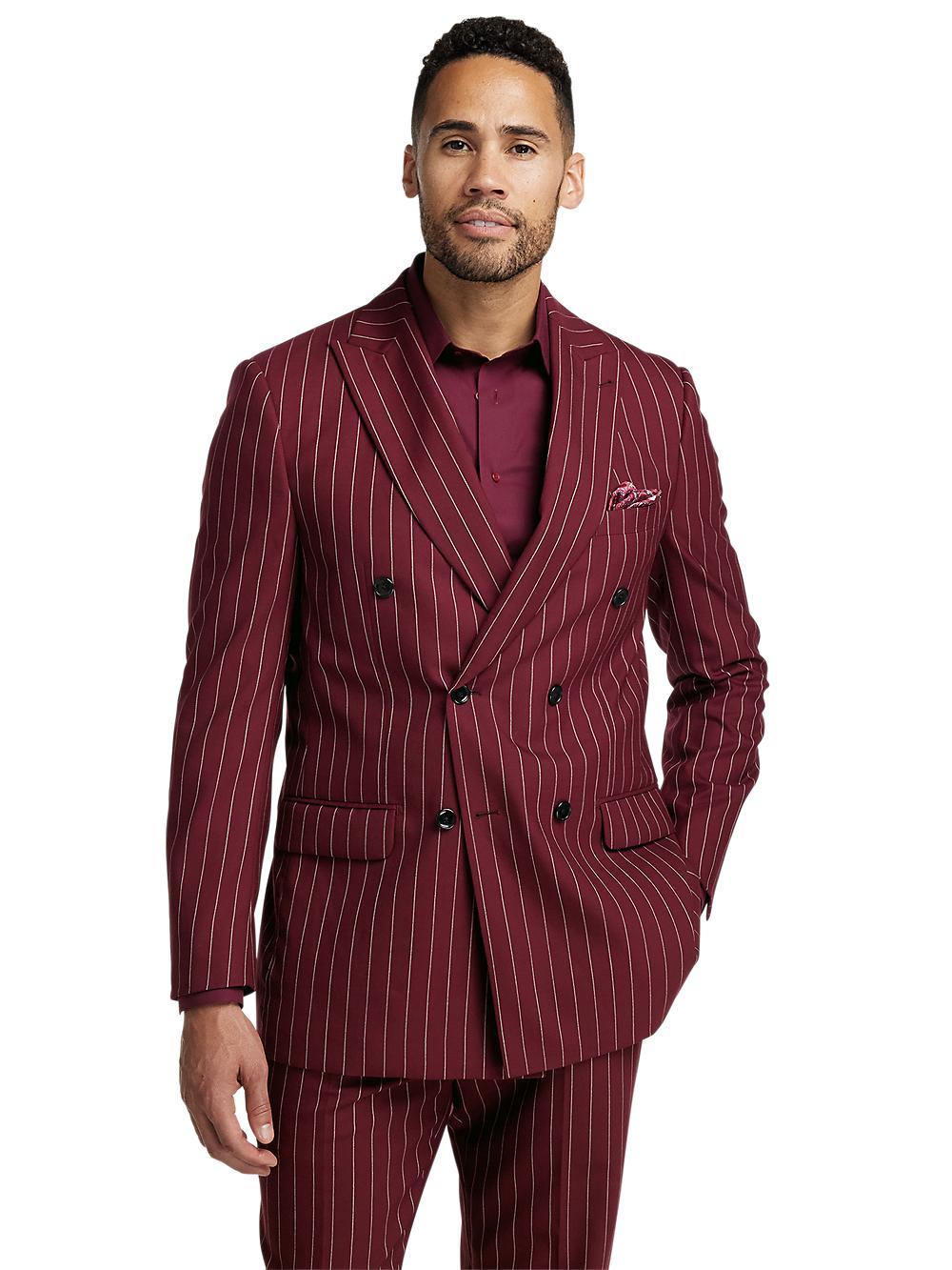 Wool Stretch Stripe Double Breasted Suit Jacket - Burgundy Product Image