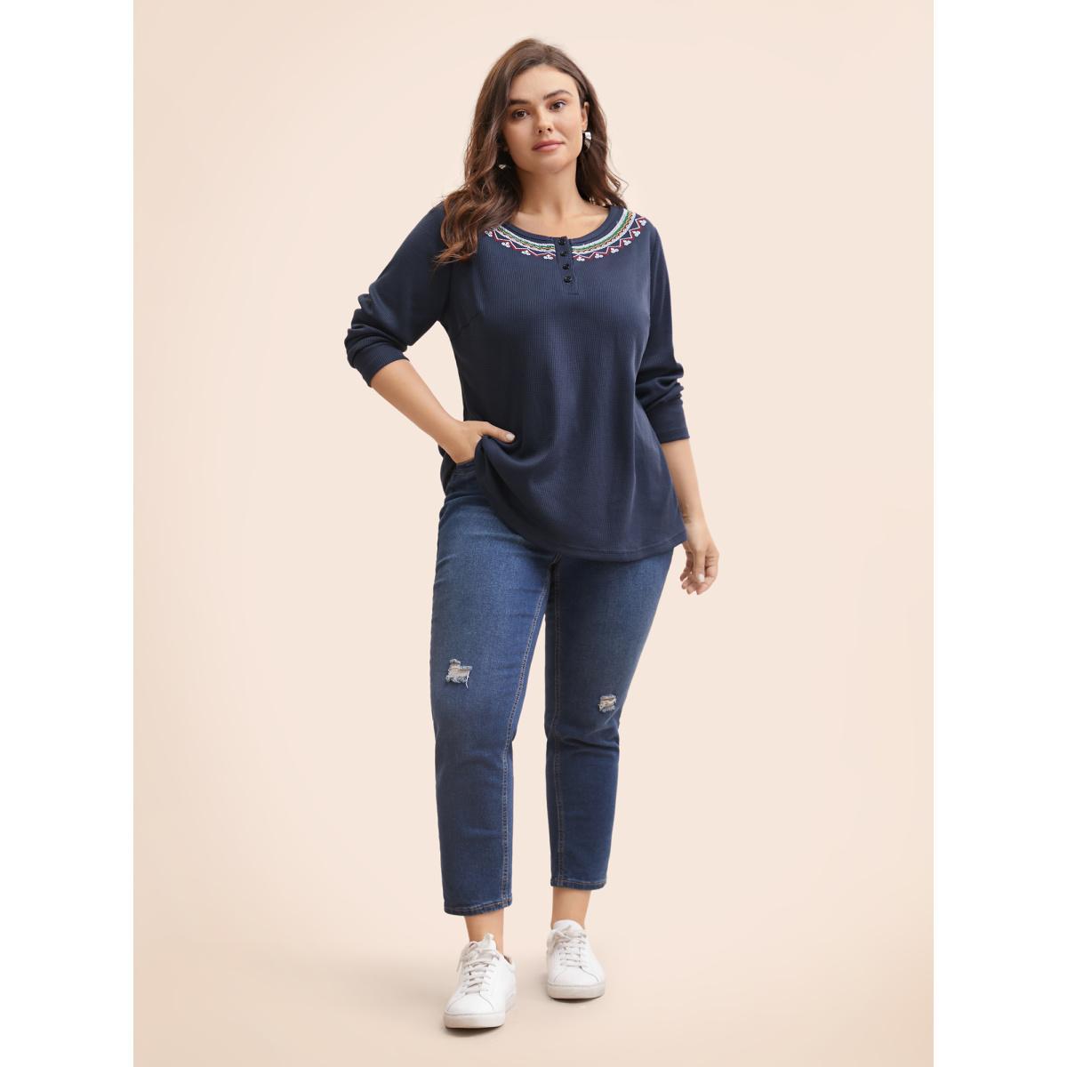Plus Size Bandana Embroidered Button Up T-shirt Indigo Women Casual Embroidered Art&design Round Neck Everyday T-shirts BloomChic 14-16/1X Product Image