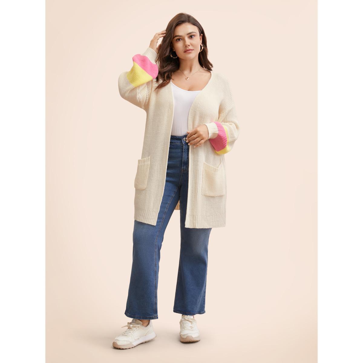 Plus Size Colorblock Contrast Lantern Sleeve Pocket Cardigan Beige Women Casual Loose Long Sleeve Everyday Cardigans BloomChic 26/4X Product Image