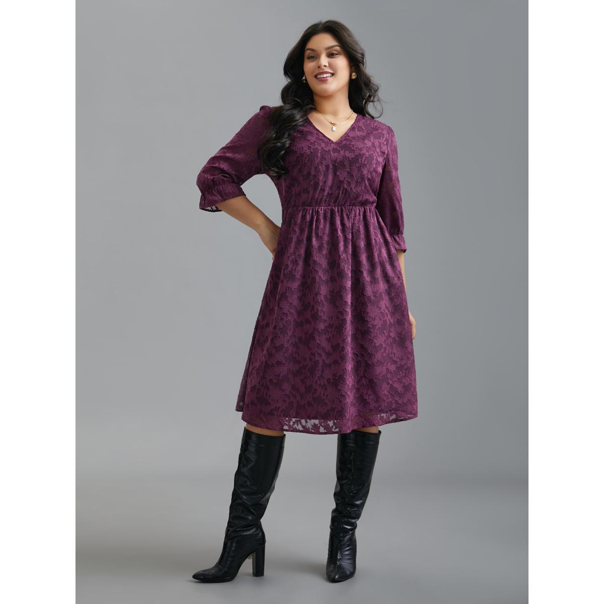 Plus Size V Neck Burn-out Fabric Midi Dress Deeppurplered Women Elegant Texture V-neck Elbow-length sleeve Curvy BloomChic 12/L Product Image
