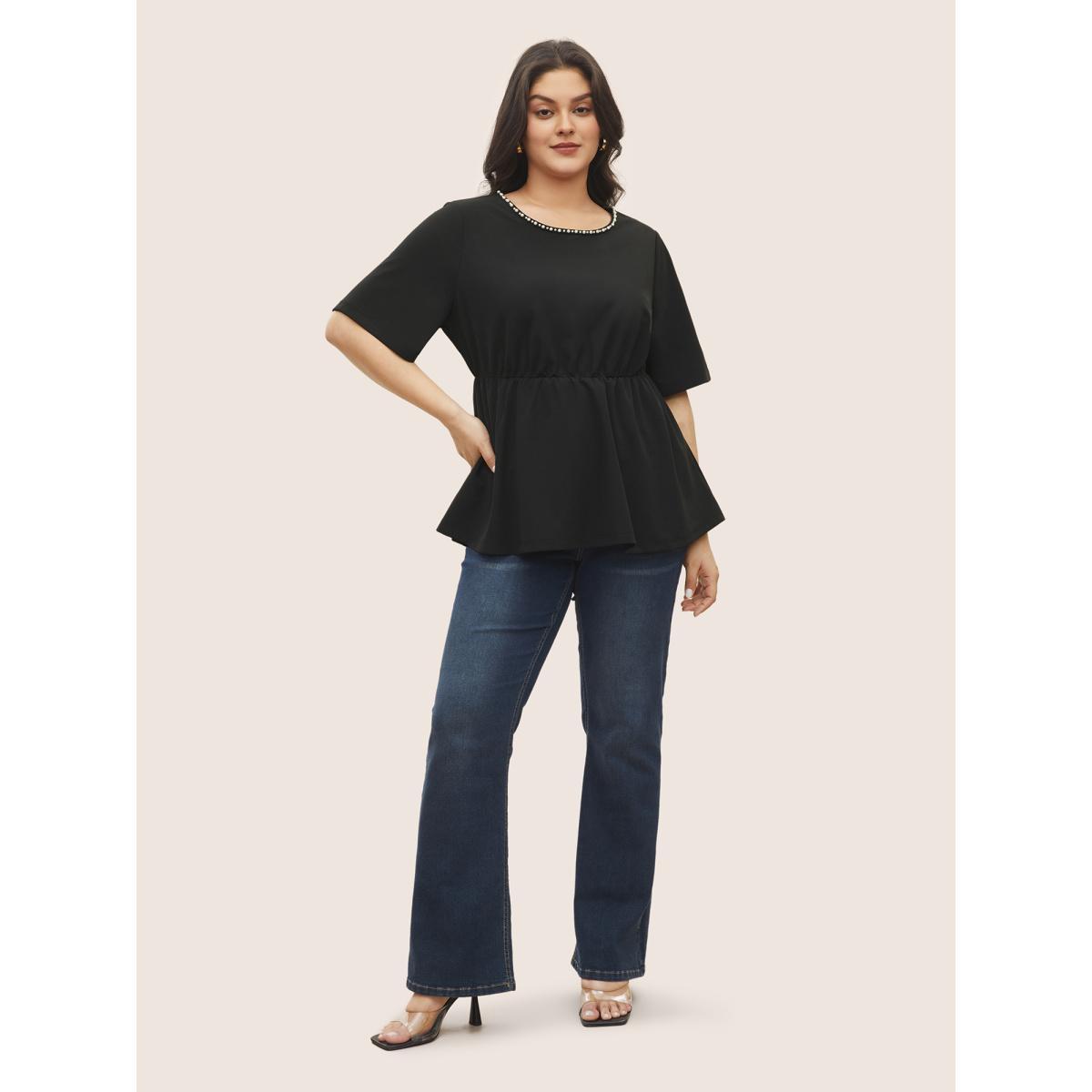 Plus Size Black Pearl Beaded Gathered Elastic Waist Blouse Women Elegant Short sleeve Round Neck Everyday Blouses BloomChic 12/L Product Image