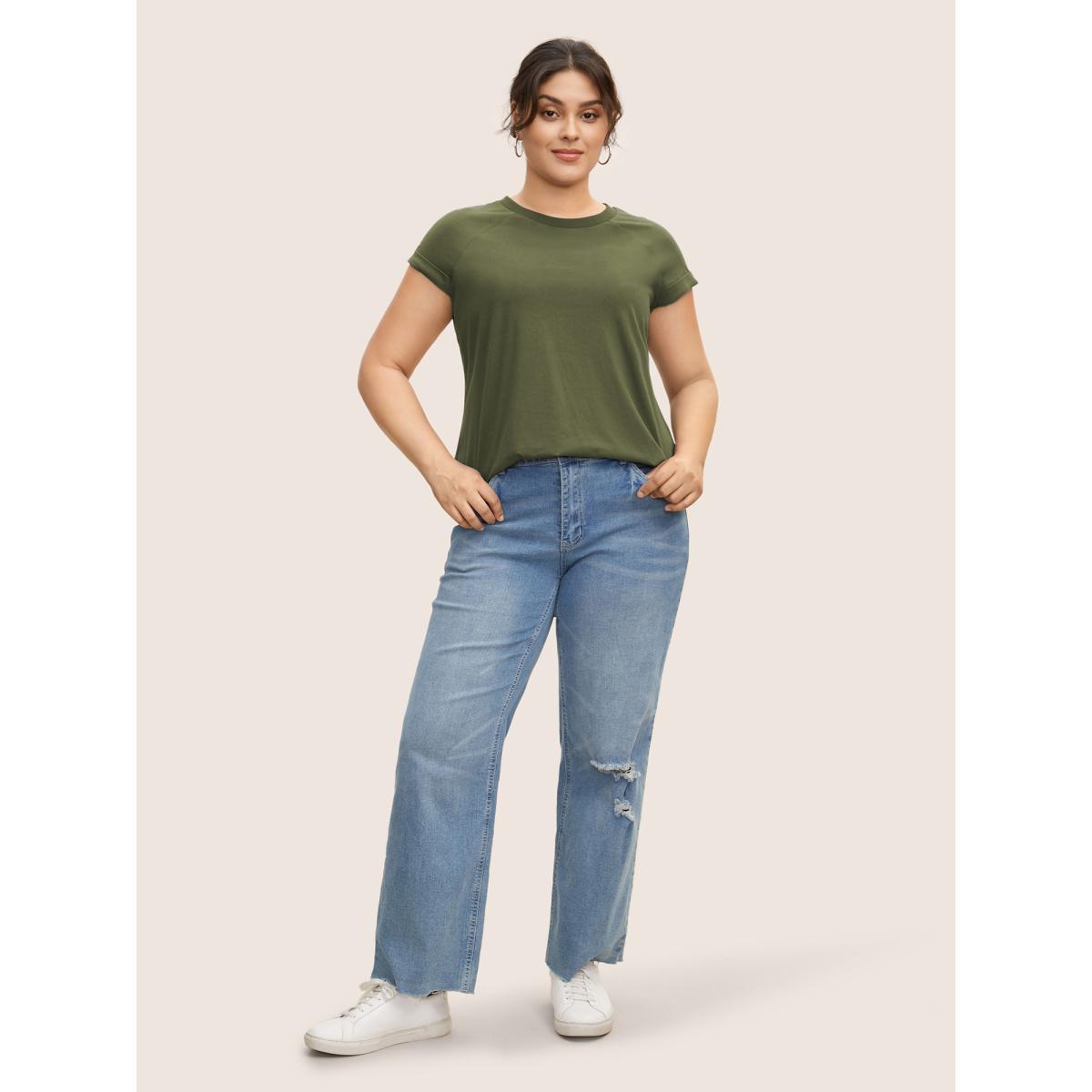 Plus Size Cotton Solid Crew Neck Roll Sleeve T-shirt ArmyGreen Women Casual Roll Hem Round Neck Everyday T-shirts BloomChic 30/6X Product Image