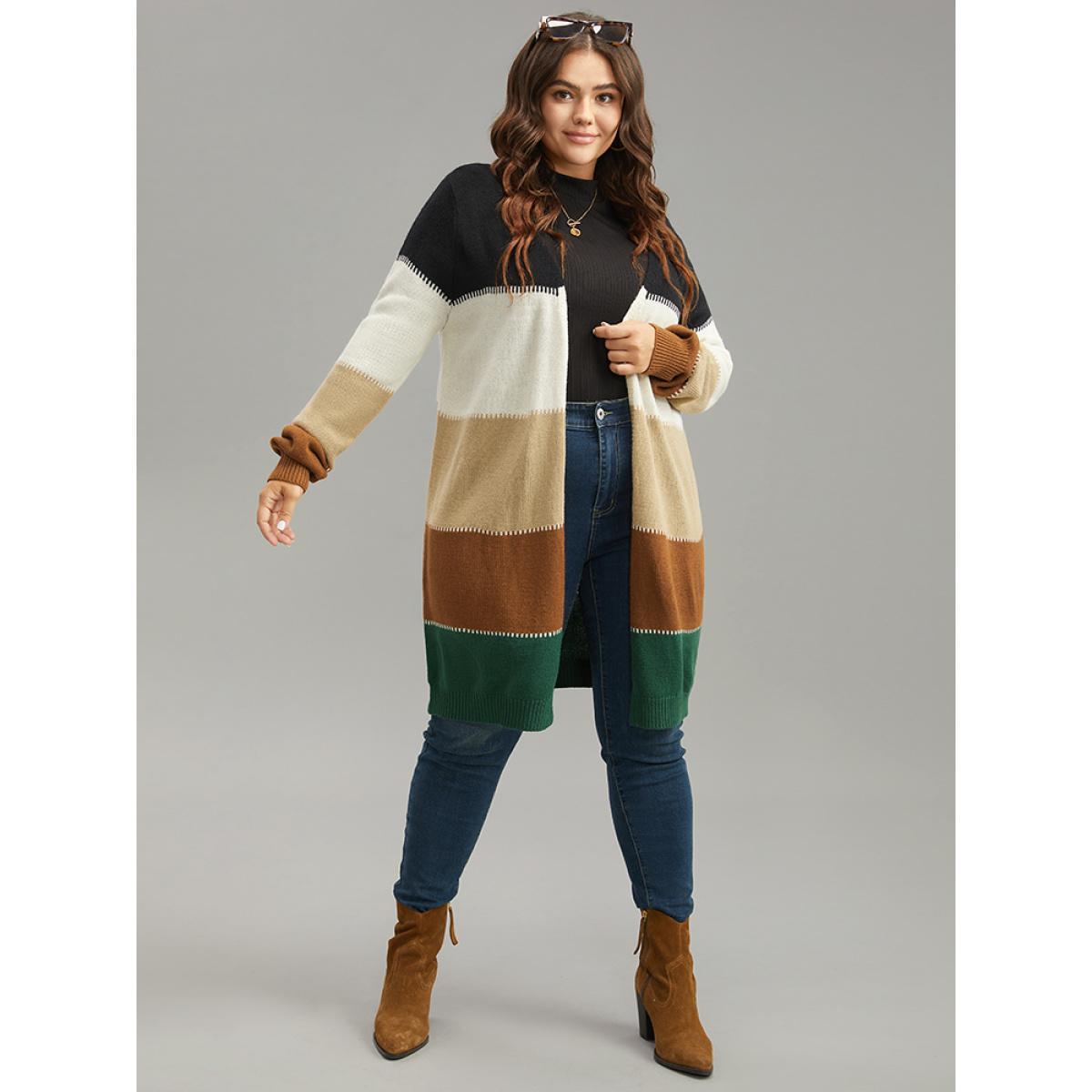 Plus Size Colorblock Patchwork Elastic Cuffs Open Front Cardigan Multicolor Women Casual Loose Long Sleeve Dailywear Cardigans BloomChic 18-20/2X Product Image